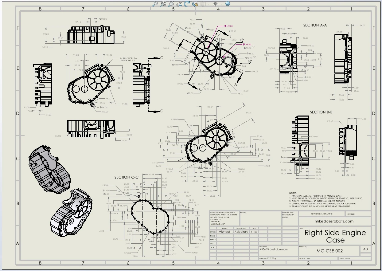 Engineering drawing of the right engine case.