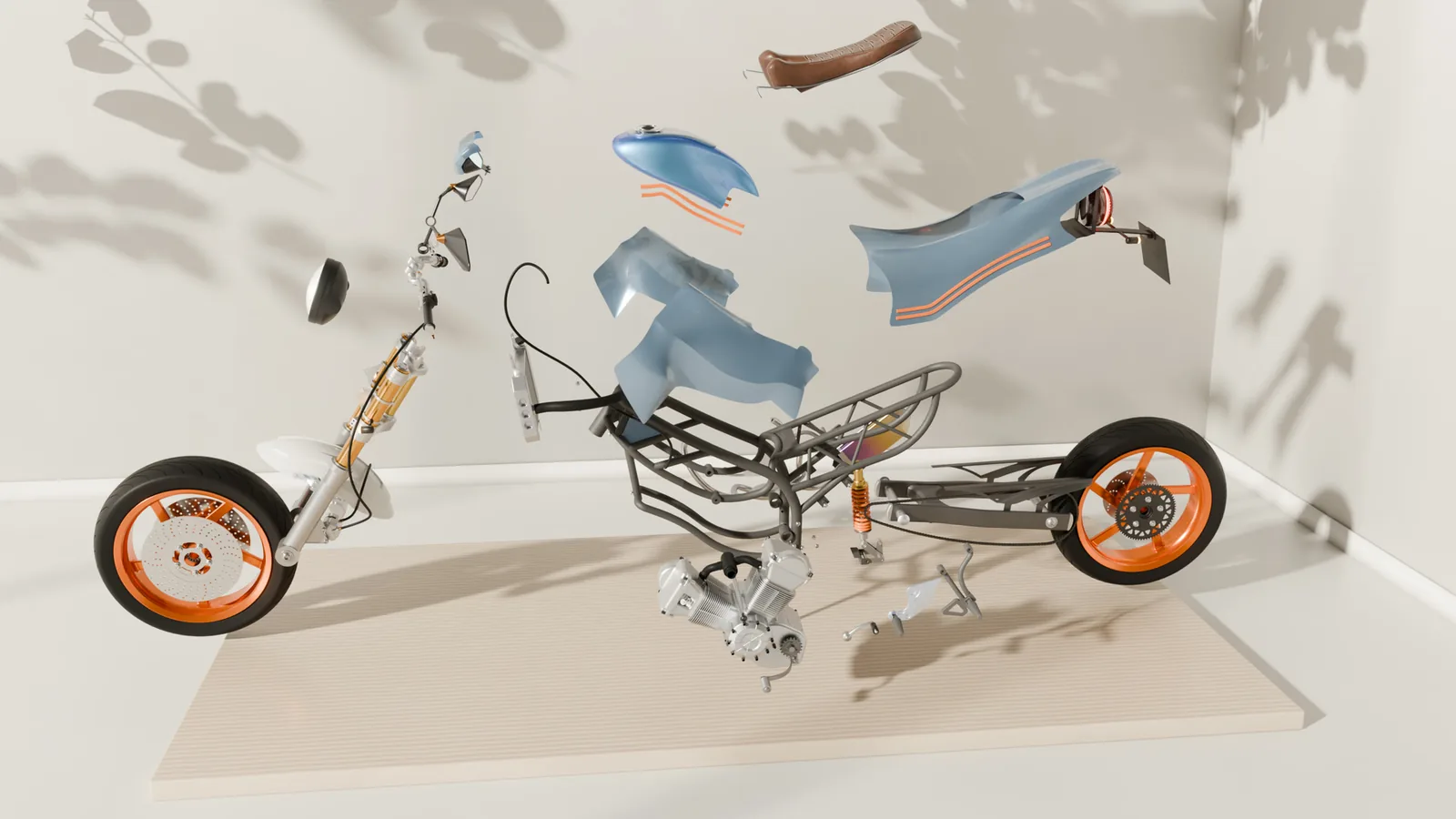 Exploded view of the café racer: bodywork, frame, engine and wheels separated.