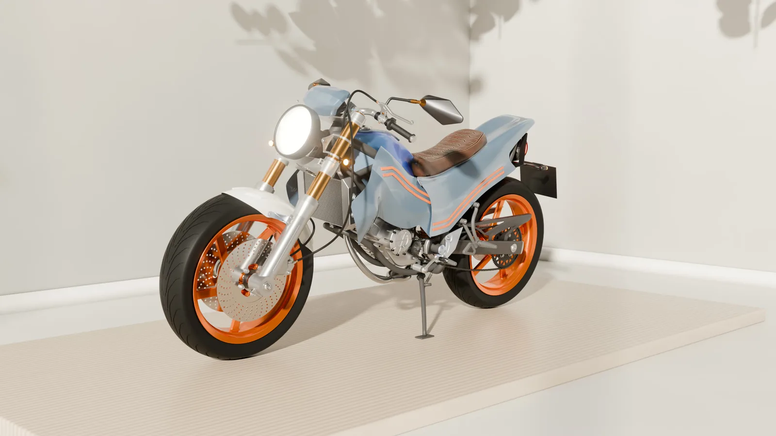 The café racer in powder blue with orange wheels.