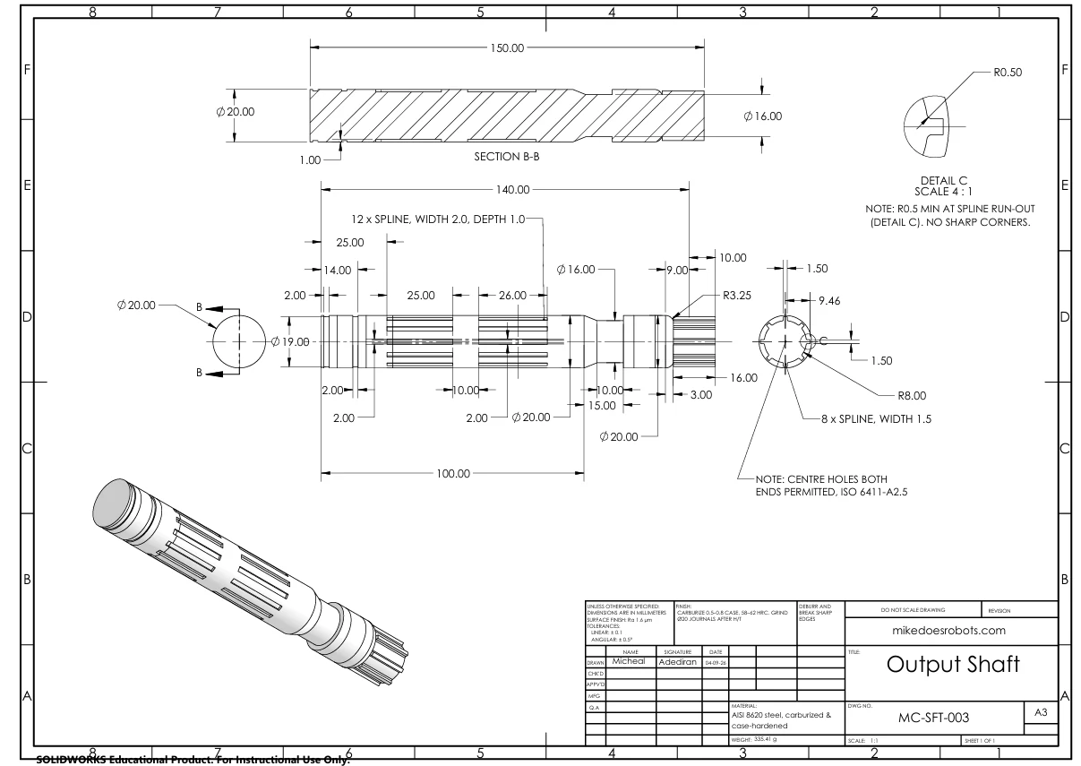 Dimensioned engineering drawing of the output shaft.
