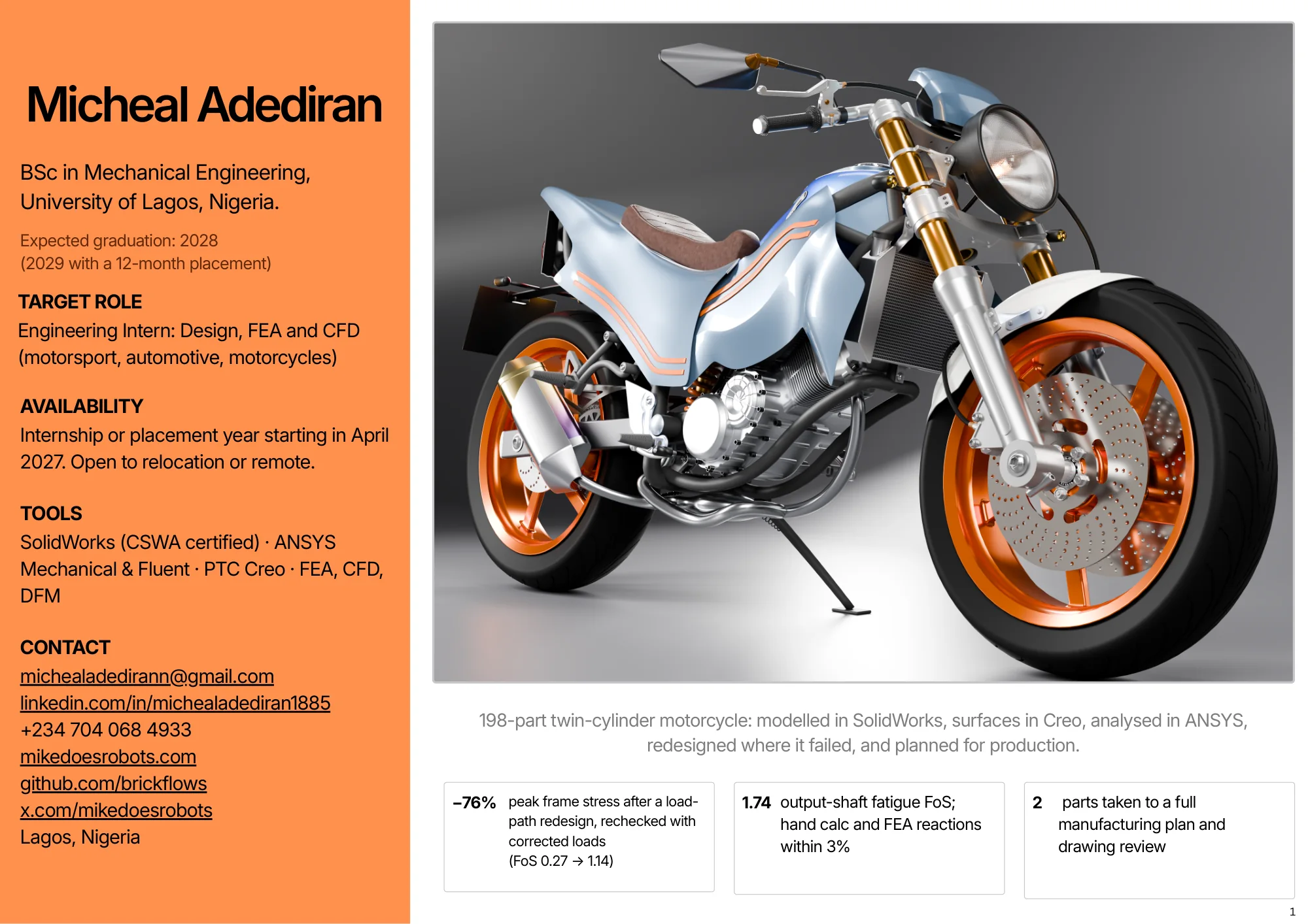 Page 1 of 16. Cover: Micheal Adediran, BSc Mechanical Engineering, University of Lagos. Target role, availability, tools and contact details beside a render of the café racer.