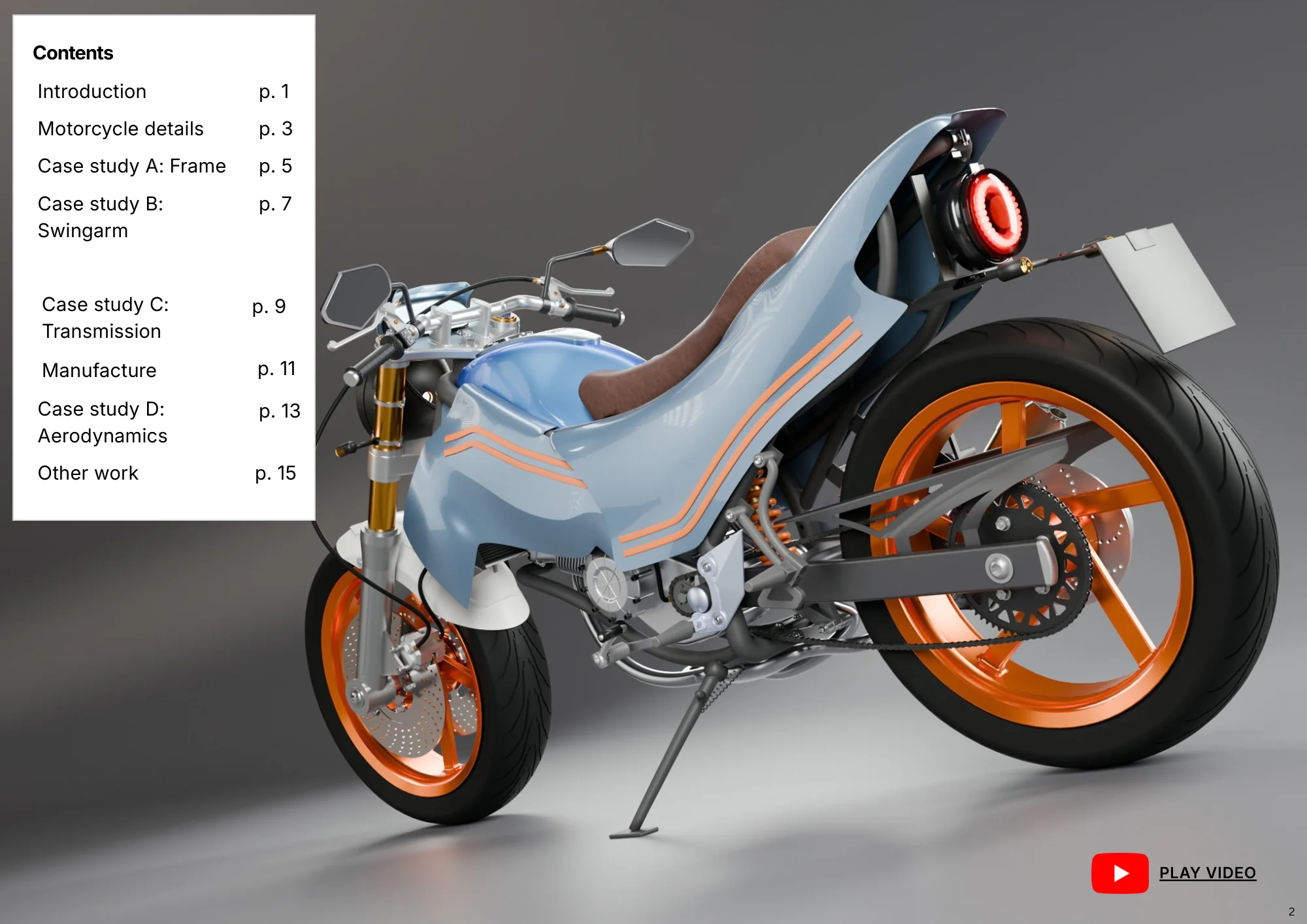 Page 2 of 16. Contents, beside a rear three-quarter render of the café racer.