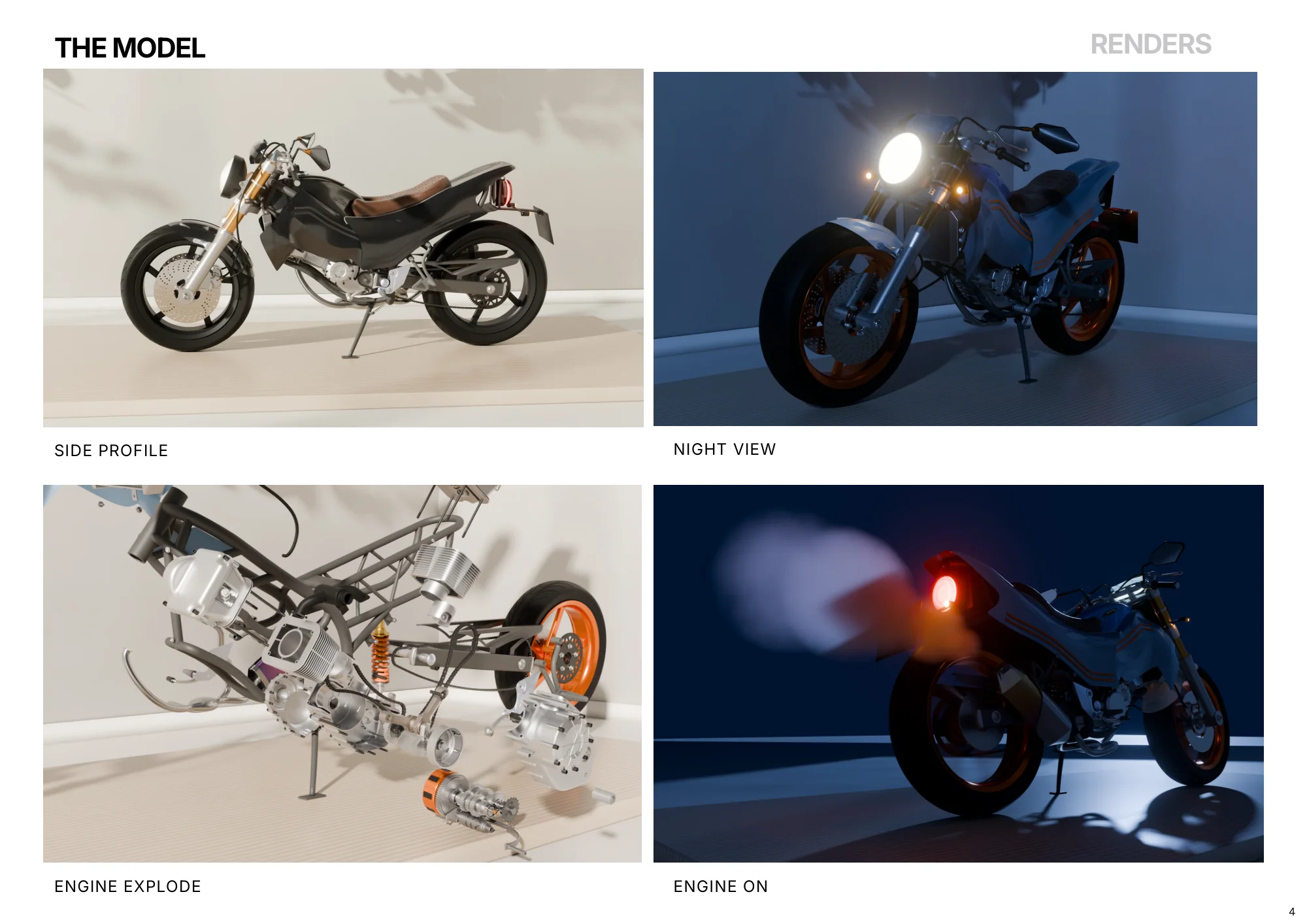 Page 4 of 16. The model: side profile, night view, exploded engine and engine-on renders.