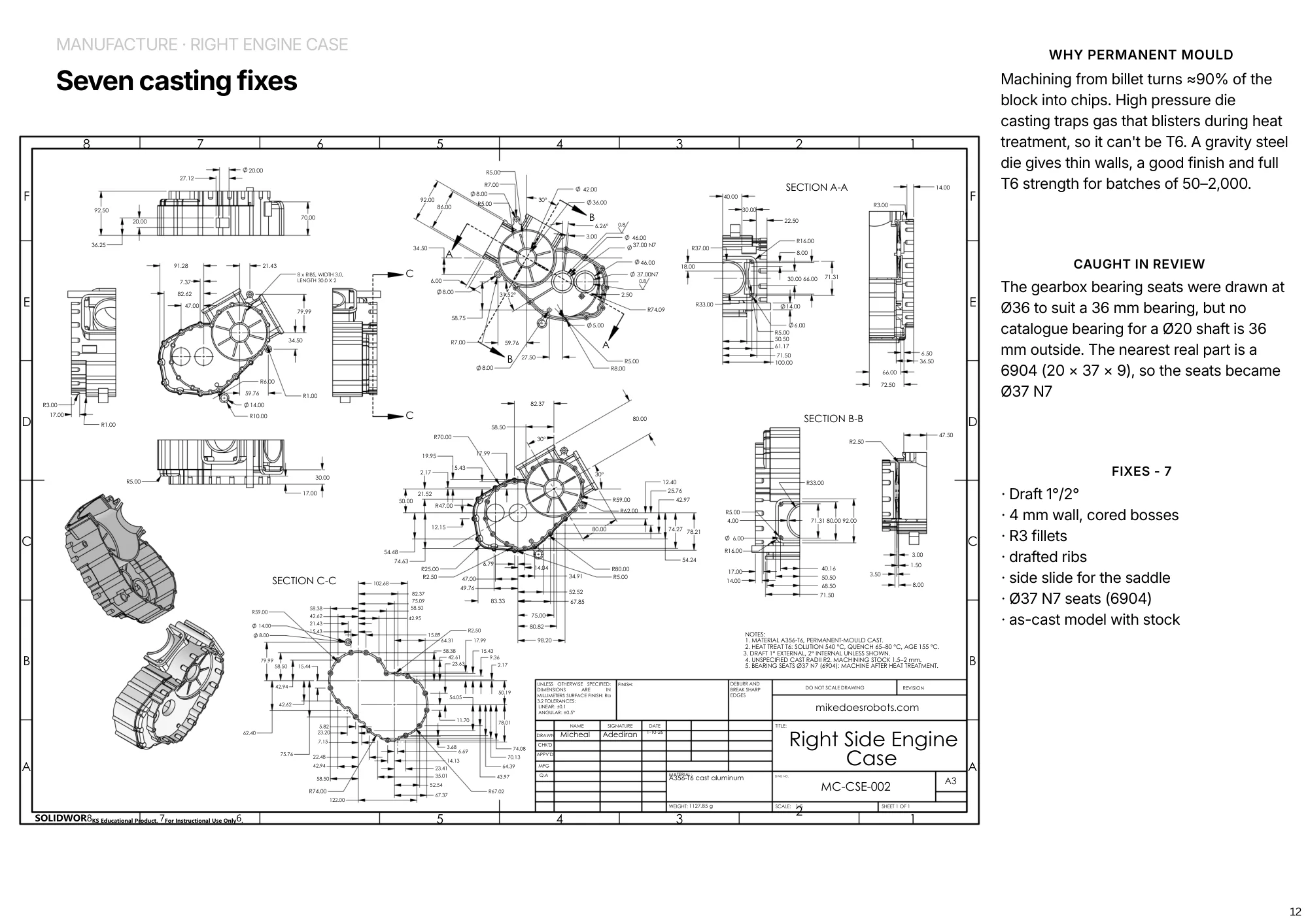 Page 12 of 16. Manufacture, right engine case: seven casting fixes, with the case drawing.