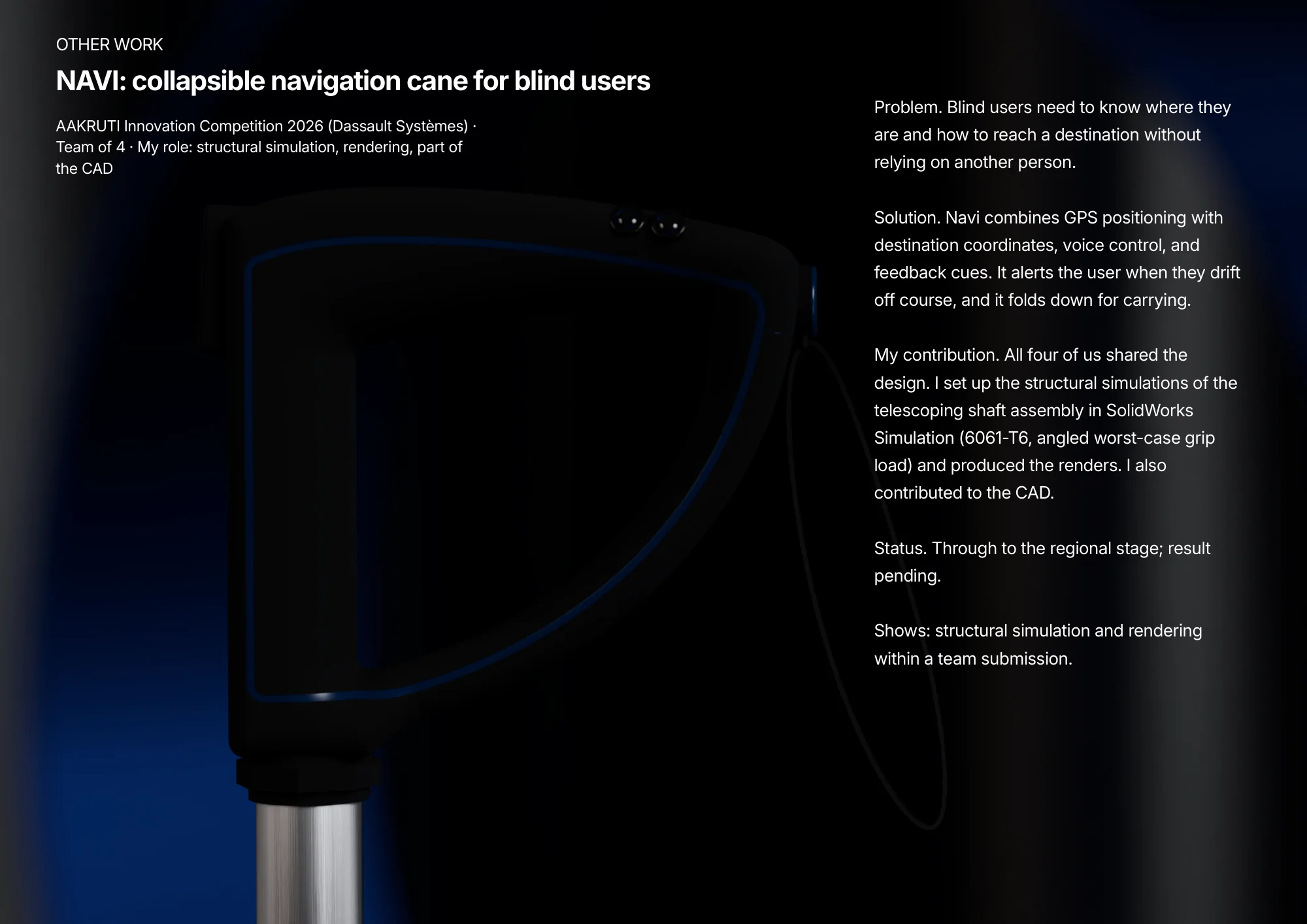 Page 15 of 16. Other work. NAVI: a collapsible navigation cane for blind users, a four-person team project.